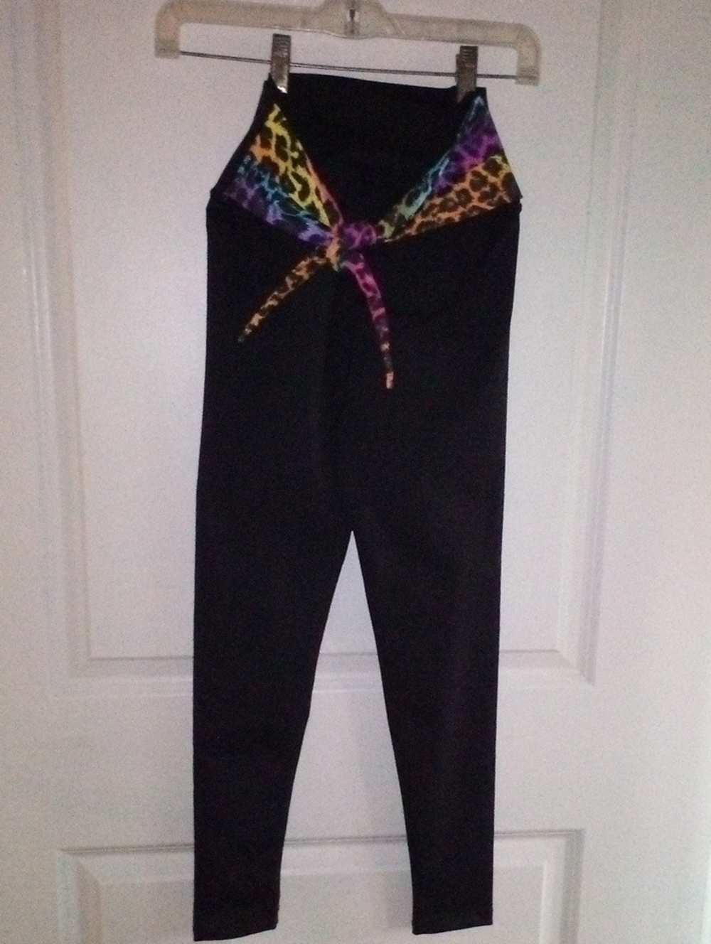 High-Waist Black Leggings with Rainbow Animal-Print Waist Tie
